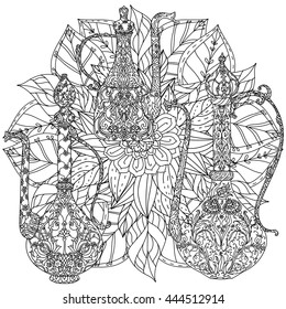 Oriental patterned jug and asian style flowers and leaves for adult coloring book. Black and white. Contoured Vector illustration. The best for your design, textiles, posters, adult coloring book
