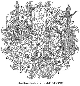 Oriental patterned jug and asian style flowers and leaves for adult coloring book. Black and white. Contoured Vector illustration. The best for your design, textiles, posters, adult coloring book

