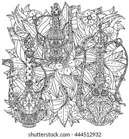 Oriental patterned jug and asian style flowers and leaves for adult coloring book. Black and white. Contoured Vector illustration. The best for your design, textiles, posters, adult coloring book
