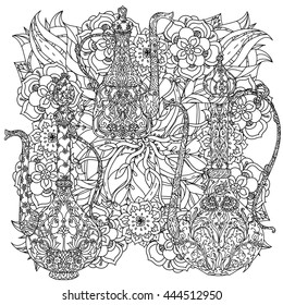 Oriental patterned jug and asian style flowers and leaves for adult coloring book. Black and white. Contoured Vector illustration. The best for your design, textiles, posters, adult coloring book
