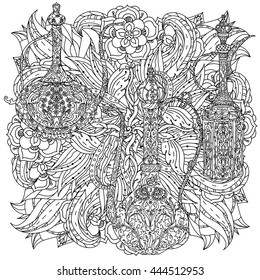 Oriental patterned jug and asian style flowers and leaves for adult coloring book. Black and white. Contoured Vector illustration. The best for your design, textiles, posters, adult coloring book

