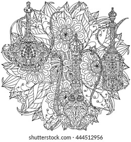 Oriental patterned jug and asian style flowers and leaves for adult coloring book. Black and white. Contoured Vector illustration. The best for your design, textiles, posters, adult coloring book
