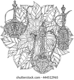 Oriental patterned jug and asian style flowers and leaves for adult coloring book. Black and white. Contoured Vector illustration. The best for your design, textiles, posters, adult coloring book
