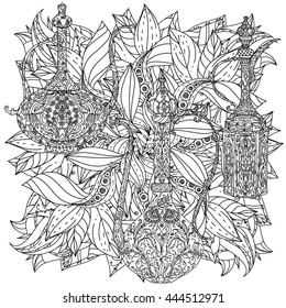 Oriental patterned jug and asian style flowers and leaves for adult coloring book. Black and white. Contoured Vector illustration. The best for your design, textiles, posters, adult coloring book
