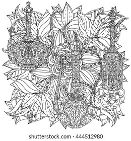 Oriental patterned jug and asian style flowers and leaves for adult coloring book. Black and white. Contoured Vector illustration. The best for your design, textiles, posters, adult coloring book
