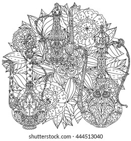 Oriental patterned jug and asian style flowers and leaves for adult coloring book. Black and white. Contoured Vector illustration. The best for your design, textiles, posters, adult coloring book
