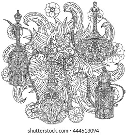 Oriental patterned jug and asian style flowers and leaves for adult coloring book. Black and white. Contoured Vector illustration. The best for your design, textiles, posters, adult coloring book
