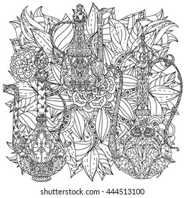 Oriental patterned jug and asian style flowers and leaves for adult coloring book. Black and white. Contoured Vector illustration. The best for your design, textiles, posters, adult coloring book
