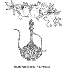 Oriental patterned jug,Flowering branch and pomegranate fruits for adult coloring book. Black and white. Contoured Vector illustration. The best for your design, textiles, posters, adult coloring book