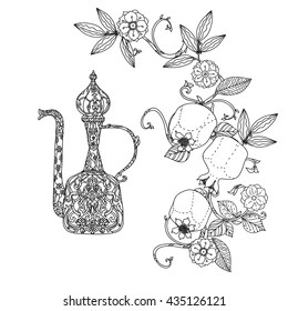 Oriental patterned jug,Flowering branch and pomegranate fruits for adult coloring book. Black and white. Contoured Vector illustration. The best for your design, textiles, posters, adult coloring book