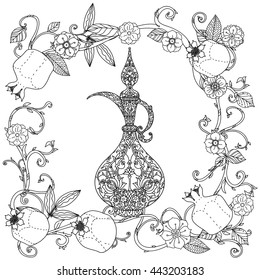Oriental patterned jug,Flowering branch and pomegranate fruits for adult coloring book. Black and white. Contoured Vector illustration. The best for your design, textiles, posters, adult coloring book