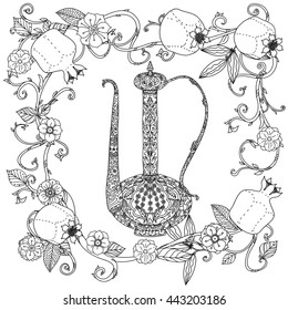 Oriental patterned jug,Flowering branch and pomegranate fruits for adult coloring book. Black and white. Contoured Vector illustration. The best for your design, textiles, posters, adult coloring book