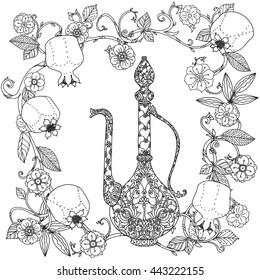 Oriental patterned jug,Flowering branch and pomegranate fruits for adult coloring book. Black and white. Contoured Vector illustration. The best for your design, textiles, posters, adult coloring book