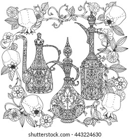 Oriental patterned jug,Flowering branch and pomegranate fruits for adult coloring book. Black and white. Contoured Vector illustration. The best for your design, textiles, posters, adult coloring book