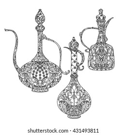 Oriental patterned jugs for adult coloring book. Black and white. Uncolored Vector illustration. The best for your design, textiles, posters, adult coloring book