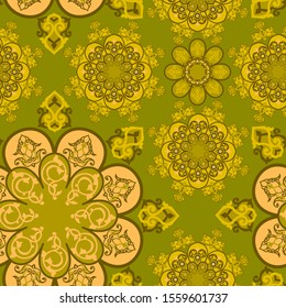 Oriental patterns in ornaments of round symmetrical weaves on a separate background.