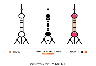Oriental Pearl Tower Line Ícone. Xangai, China, Marco, Silhueta, Vetor de cor, Traço editável.