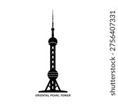 Oriental Pearl Tower silhouette icon, Shanghai landmark skyline, modern architectural tower vector style, black solid design isolated on white background