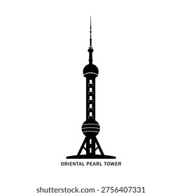 Oriental Pearl Tower silhouette icon, Shanghai landmark skyline, modern architectural tower vector style, black solid design isolated on white background