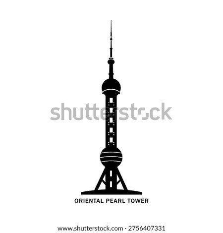Oriental Pearl Tower silhouette icon, Shanghai landmark skyline, modern architectural tower vector style, black solid design isolated on white background