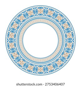 Oriental plate with arabesque pattern. Golden blue plate. Vintage, ethnic vector frame with arabesques (EPS). Pattern frame for round surface, sandblasting, ceramic, embroidery. Vector