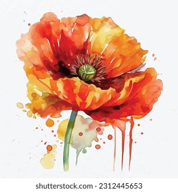 Oriental Poppy deep orange, watercolor style