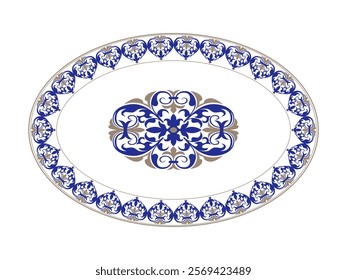 Oriental porcelain plate with golden blue pattern on white background. Oval frame arabesque. Plate with a large floral element in the center.  Moroccan pattern. Pattern frame for oval ceramics, textil