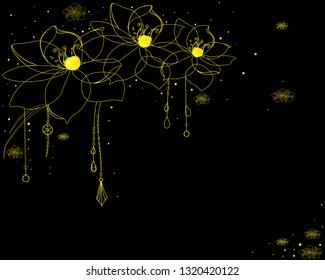 Oriental premium vintage gold frame with lotus, elegant vector background for invitation and greeting cards, place for text.