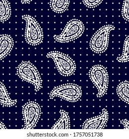 Oriental print on dotted background. Abstract pattern with paisley elements. Man fashion textile collection. White on dark blue.