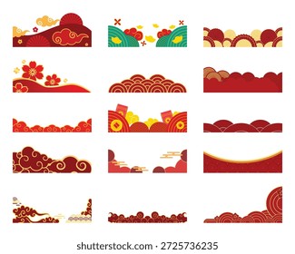 Conjunto de Anuncio divisor rojo oriental. Nube tradicional de Vector y tiras florales del borde para la decoración de la página del año Nuevo chino