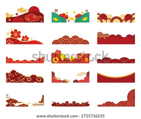 Oriental red divider banner set. Vector traditional cloud and floral border strips for Chinese New Year page decoration