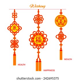 Oriental red and golden tassel decoration set. Knot compositions with Chinese hieroglyphs for 'Health', 'Happiness', 'Wealth'. Perfect greeting for Chinese New Year and holidays in Asian style. Vector