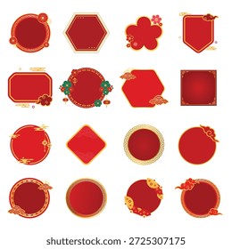 Oriental red label and badge collection. Vector geometric shapes with gold texture for Chinese New Year text background decoration