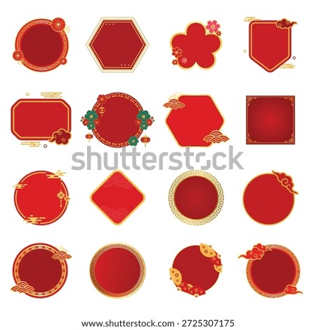 Oriental red label and badge collection. Vector geometric shapes with gold texture for Chinese New Year text background decoration