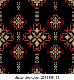 Oriental Repeat Ethnic Scroll Ornament Pattern with Gold and Red on Black Background. Delicate Luxury Border Neatly Handicraft. Flowers of Wealth Design for Decoration Silk Apparel Damask Wallpaper