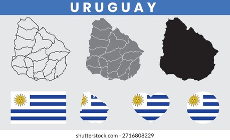 Mapa da República Oriental do Uruguai e conjunto de vetor da bandeira com contorno dos departamentos