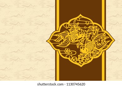 Oriental Retro Background, Landscape Texture, Golden Fishes Element, Package Cover Template 