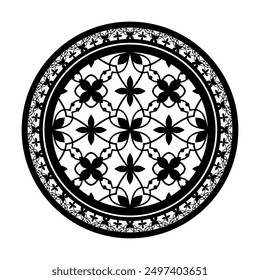 Oriental round floral ornament with arabesques and floral elements. Traditional classic black and white ornament. Vintage pattern with arabesques. Vector