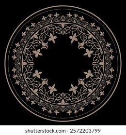 Oriental round floral ornament with arabesques and floral elements. Traditional classic round gold ornament. Vintage gold pattern with arabesques for round surfac, sandblasting, ceramics, embroidery