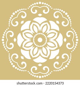 Ornamento oriental redondo, dorado y blanco, adorno con arabescos y elementos florales. Ornamento clásico tradicional. Patrón vintage con arabescos