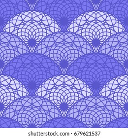 Oriental round ornament. Abstract geometrical seamless pattern with scale shaped ornate elements. Beautiful background of blue colored mandalas. Fashion textile design. Vector illustration.