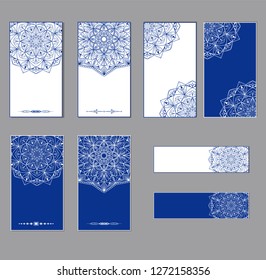 Oriental round patterns in white and blue colors on postcards. A set of cards. Vector.