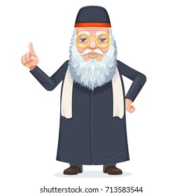 Oriental Sage Priest Mage Rabbi Beard Old Mystery Wise Man Secret Knowledge Kabbalah Traditional Costume Cartoon Design Character Vector Illustration