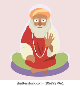 oriental sage in sitting pose , vector cartoon illustration in flat style