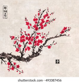 Oriental sakura cherry tree in blossom on vintage rice paper background. Contains hieroglyphs - zen, freedom, nature, happiness. Traditional oriental ink painting sumi-e, u-sin, go-hua. 