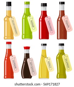 Oriental sauce kinds in glass transparent bottles on white. Bottles of yellow and red habanero, green wasabi, brown chipotle, ruddy cayenne, soy sauce, yellow fatalii and green jalapeno vector set