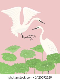 Oriental scenery with lotus leaves and egrets