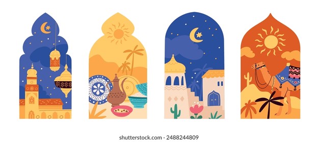 Oriental scenes. Ramadan arch windows. Arabic architectural elements with city landscapes. Sun at sky. Muslim culture and traditions items. Desert camel. Arabian bazaar