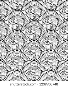 oriental sea wave hand drawing seamless pattern vector  black and white motive tone
