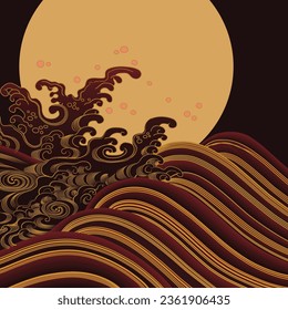 oriental sea wave moon light night chinese culture traditional asian abstract graphic
